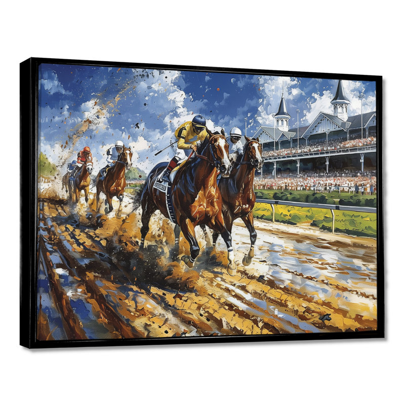 Marlyin - course de chevaux, art mural, H 34 po x l 44 po x P 1,5 po, Cadre flottant noir