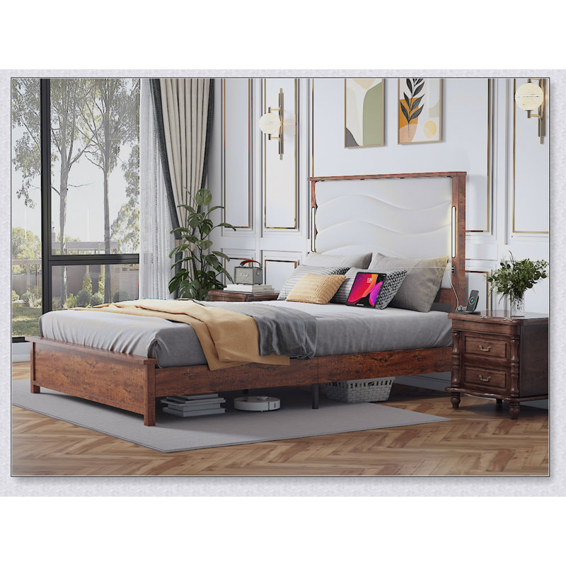 Bed Frame With Upholstered Headboard, Bed Frame With Charging Station And LED Lights, Wood Slats, Linen, No Box Spring Needed, Easy Assembly