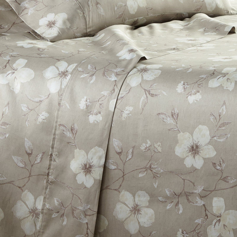 Ensemble de draps 100% coton à densité de tissage 300 fils Mystic Garden Collection, Taupe / Gris