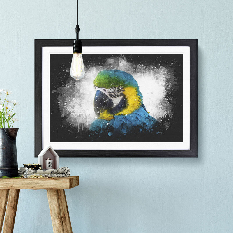 Blue and Yellow Macaw Parrot - Picture Frame Painting Print, 24cm H x 33cm W x 2cm D, Black Framed