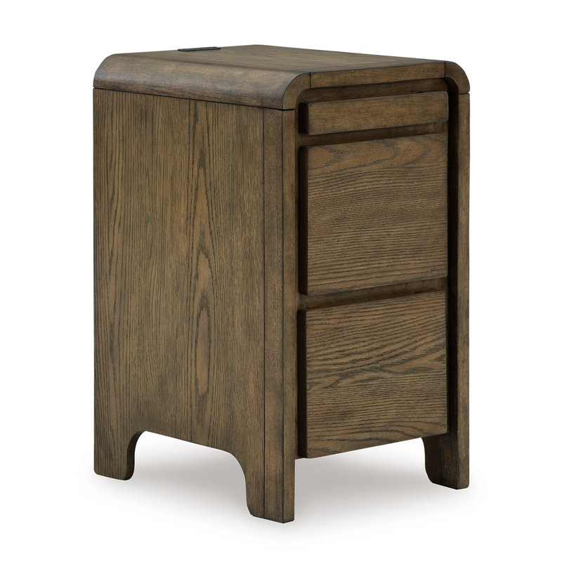 Light Brown Wood Rectangular End Table with Storage and USB Ports