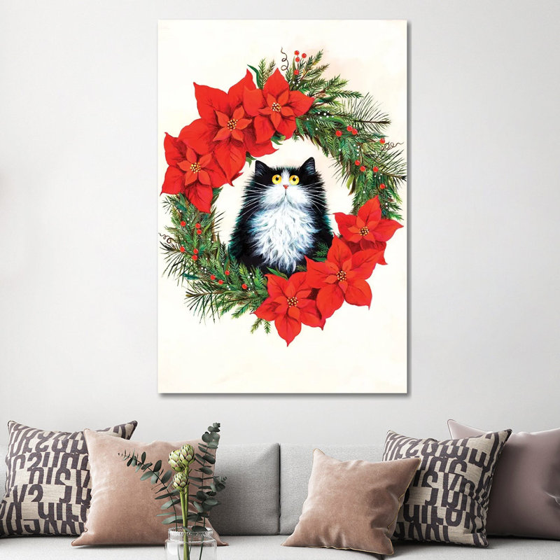 Black and White Cat in Poinsettia Wreath 1 Piece Wall Art on Canvas, 152.5 cm H x 101.5 cm W x 3.175 cm D, Wrapped Canvas