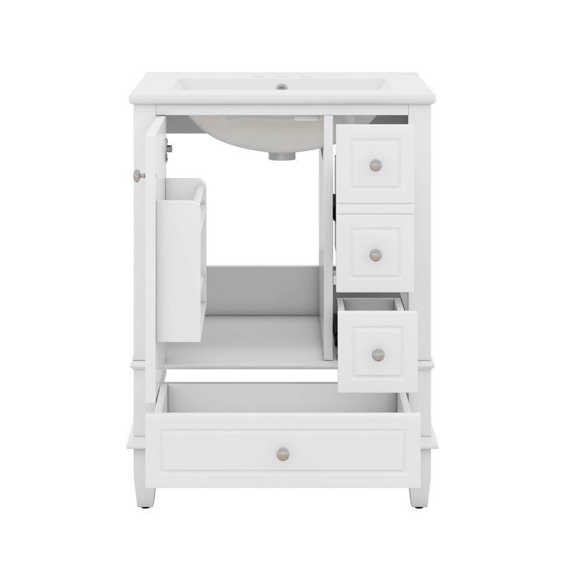 24" Bathroom Vanity With Sink, Single Vanity Set With 3 Drawers And One Door With Storage Racks, Wooden Storage Cabinet