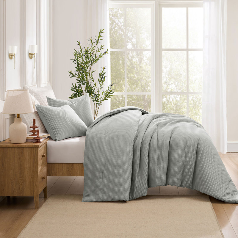 Ensemble d'édredon 3 pièces Kathy Ireland Waffle, Édredon pour très grand lit + 2 taies décorativ, Bleu