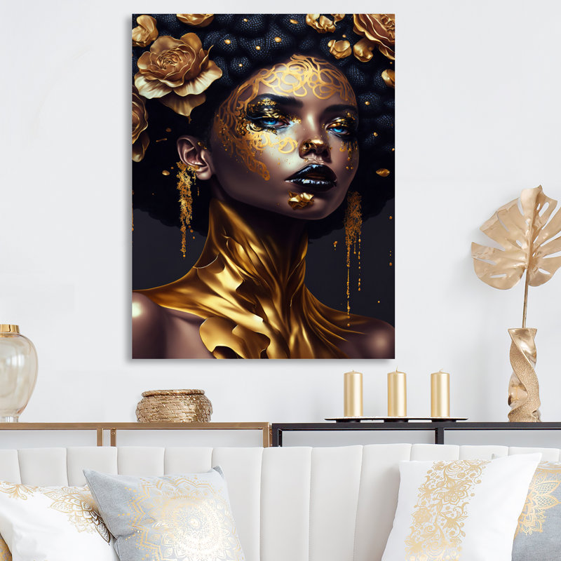 Décoration florale dorée et noire à motif floral femme III - Glam contemporain, H 20 po x l 12 po x P 1 po