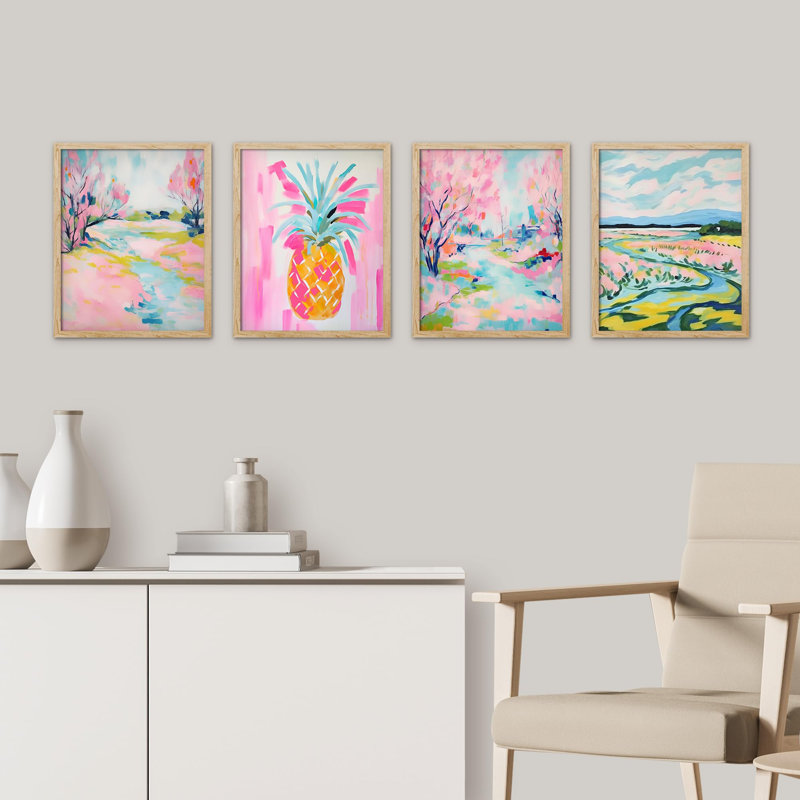 «Vibrant Landscape And Pineapple Colorful», impression sur papier encadrée de 4 pièces, Naturel, H 16 po x l 12 po