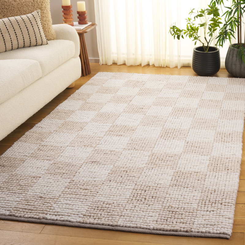 Tapis à carreaux en laine / coton Natura 288 tissé à plat en beige / ivoire, Rectangle 5 pi x 8 pi