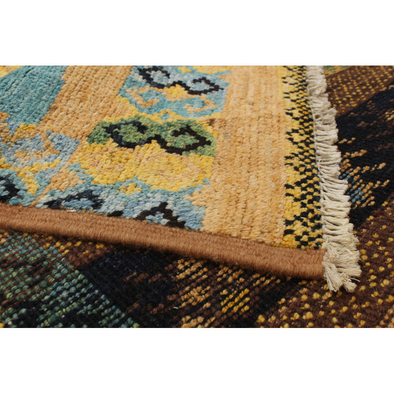 Tapis unique en laine noué à la main brun / bleu / jaune 6 pi 5 po x 9 pi 5 po Architha