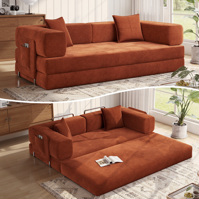 78.8''Sleeper Couch Bed for Livingroom,Convertible Modular Sofa with Armrest Pillow,Modular Foldable Corduroy Couches in a Box,No Assembly