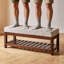 Banc de rangement en bois cannelé, assise rembourrée et capitonnée avec tablette inférieure à lattes, banc organisateur de chaussures d'entrée-1405592343