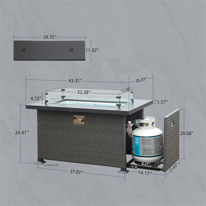 43.3 Inch Fire Pit Table With Glass Wind Guard, 50,000 BTU Smokeless Fire Pits For Outside With Aluminum Tabletop, Outdoor Wicker Gas Fire Pits For Patio