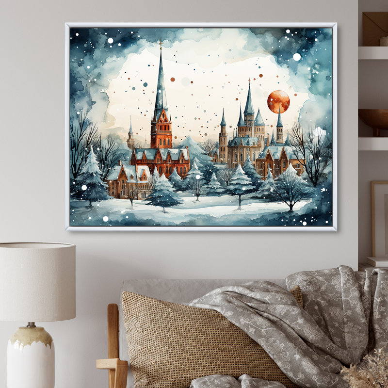 «Christmas Village In Winter II - Winter Landscape», art mural, Cadre flottant blanc, H 34 po x l 44 po x P 1,5 po