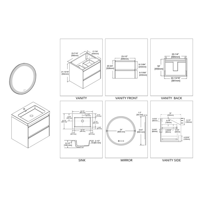 Ensemble de meuble-lavabo pour salle de bain simple 24 po ergonomique imperméable avec miroir Courtnie