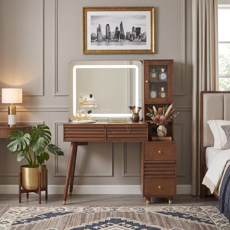 Coiffeuse de coin multifonctionnelle Japandi de 117 cm (46 po) avec miroir lumineux, prises intégrées, station de recharge