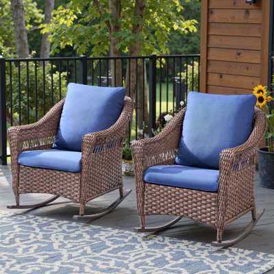 Quirama All-Weather Rattan Outdoor Courtyard High Backrest Rocking Chair With Cushions (Set Of 2)