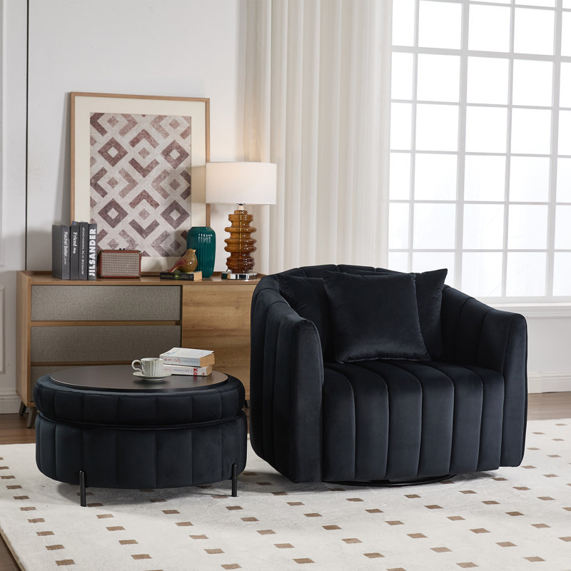 Upholstered  Swivel Barrel Armchair With Ottoman, Black