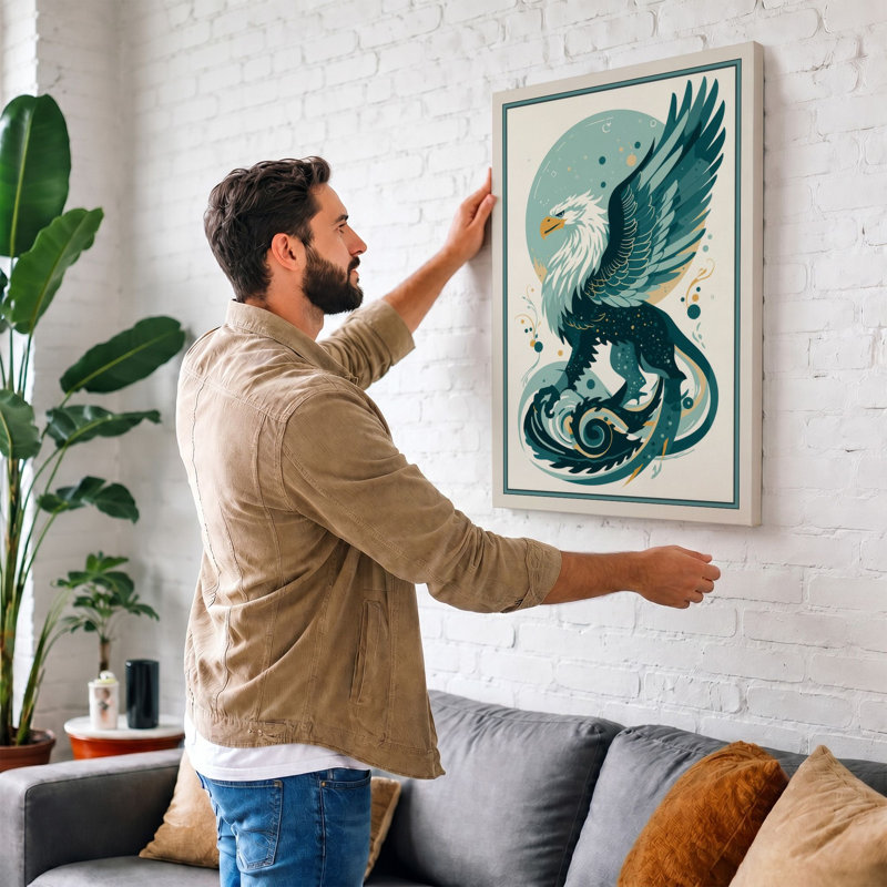 Eagle and Serpent Japandi 1 Piece Wrapped Canvas Wall Art, 18x12 - 45.7 x 30.5 cm, Teal Border