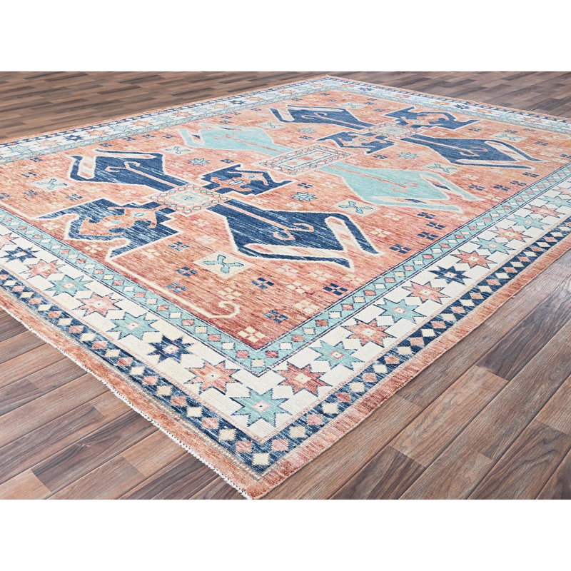 Tapis oriental en laine pure noué à la main de couleur pêche 9 pi x 11 pi 9 po, nœud turc, velours nul, motif village anatolien, noué à la main