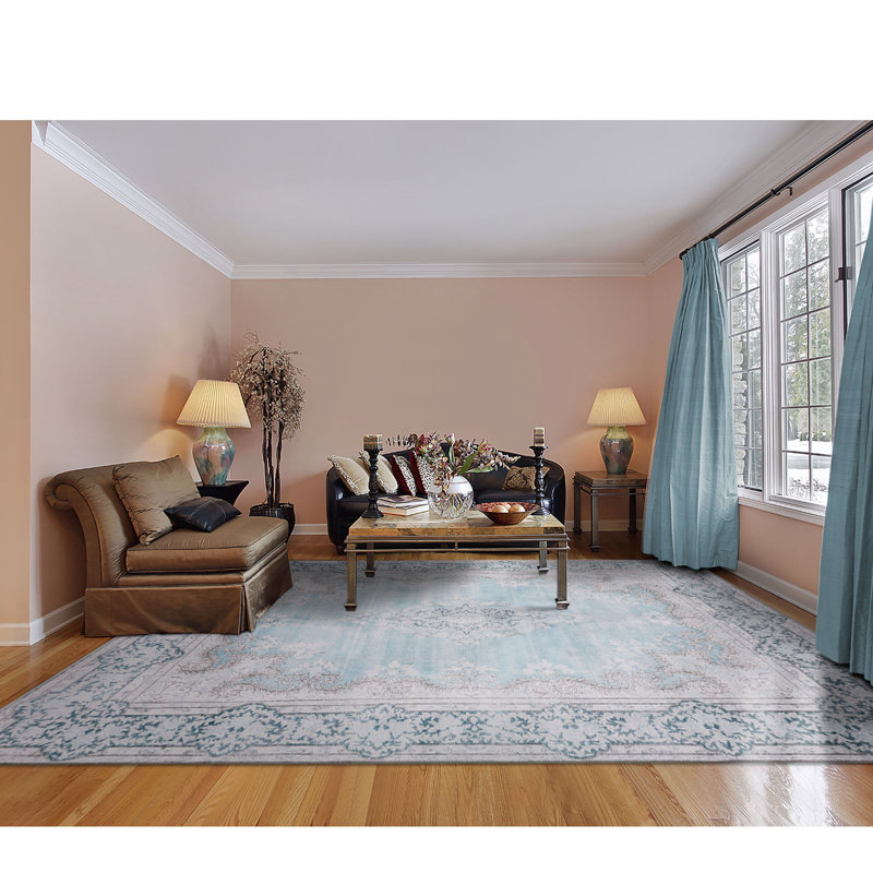 Blue Vintage Distressed Washable 9' x 12' Synthetic Rug