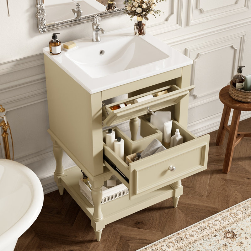 Meuble-lavabo de salle de bain 24 po avec lavabo en céramique, Beige, 24" W