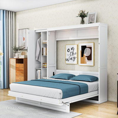Annalynne Wooden Murphy Bed with LED Lighting, Wardrobe and Storage Shelves