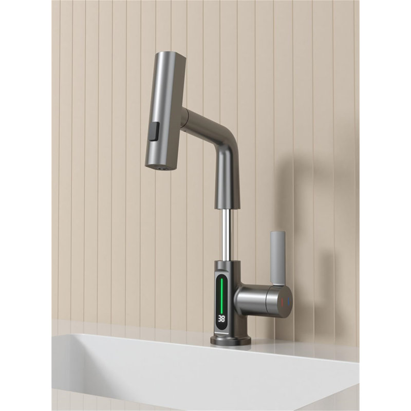 Pull-Out Lift LED Temperature Digital Display Bathroom Basin Faucet, Single Handle 360° Rotatable Waterfall 3-In-1 Basin Tap With Adjustable Height