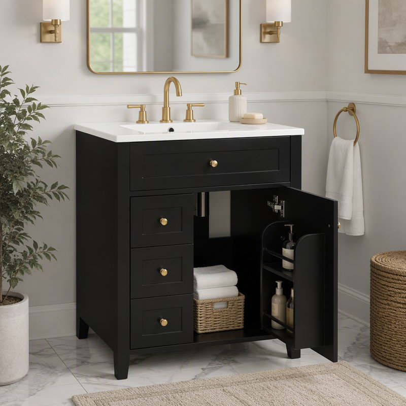Meuble-lavabo moderne de 24 po avec lavabo en céramique, poignées en métal, porte à fermeture en douceur, support de rangement, finition de surface peinte, noir