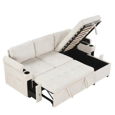 L-Shaped Couch With Reversible Chaise, Storage, Cup & Ports, Beige Bed Foam Cushion,
