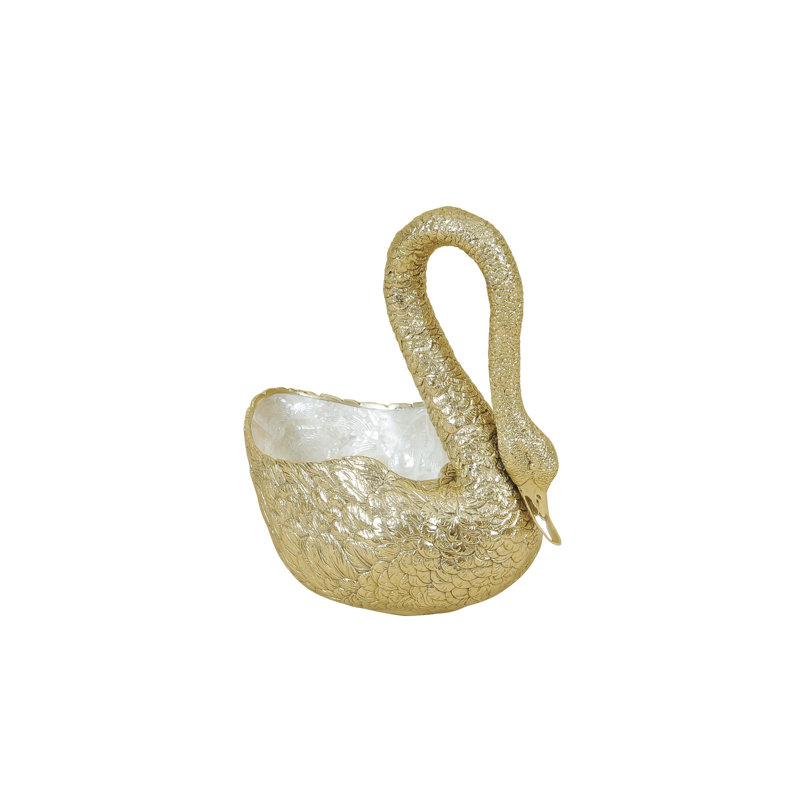 Polished Finished Cast Brass Swan Figurine with Troca Shell Inlay
