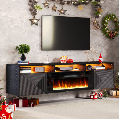 Bhhatu Modern Floating 80" Fireplace TV Stand with Storage & High Gloss Geometric Doors, Black