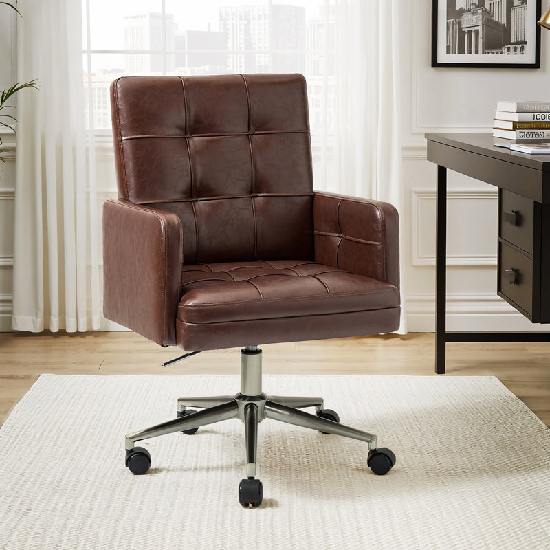 Auric Mid-Century Modern 23" W Leather Height-Adjustable Swivel Office Chair with Button Design, Brown