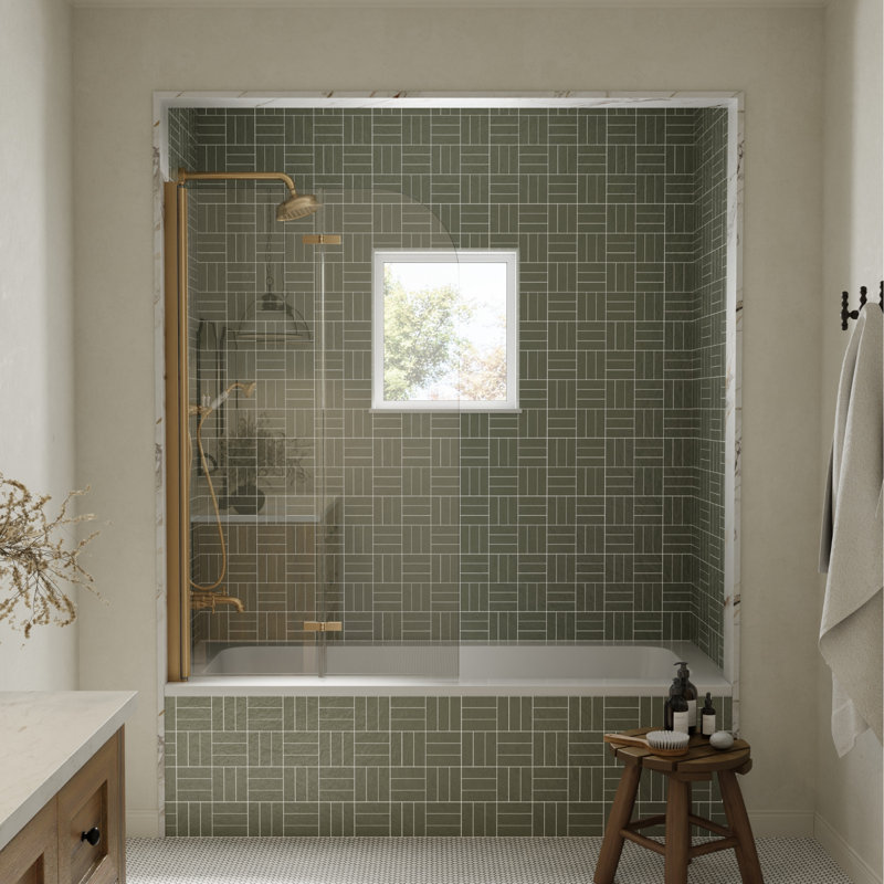 34" W x 58" H Folding Shower Door for Tub, Bifold Design, 1/4" SGCC Tempered Glass, Brushed Gold