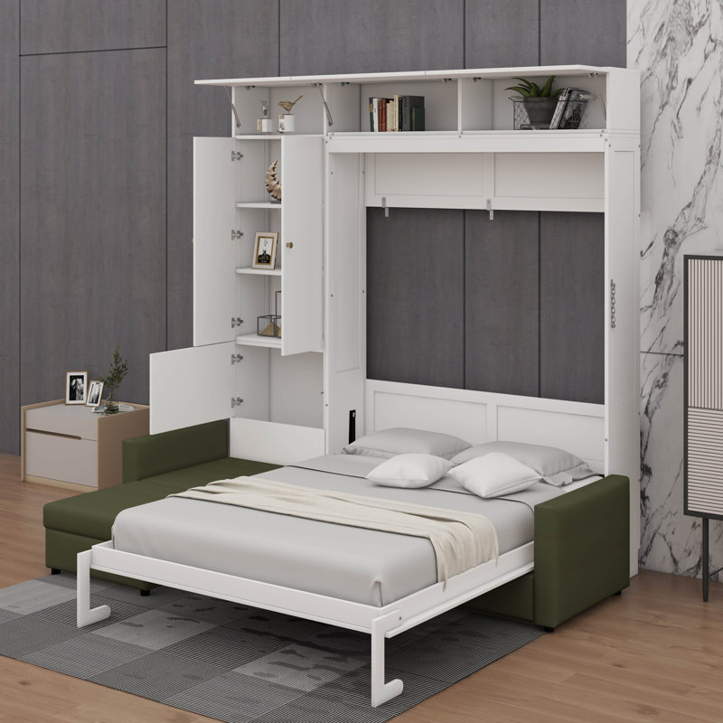 Grand lit escamotable mural avec canapé et tablettes, Blanc/vert
