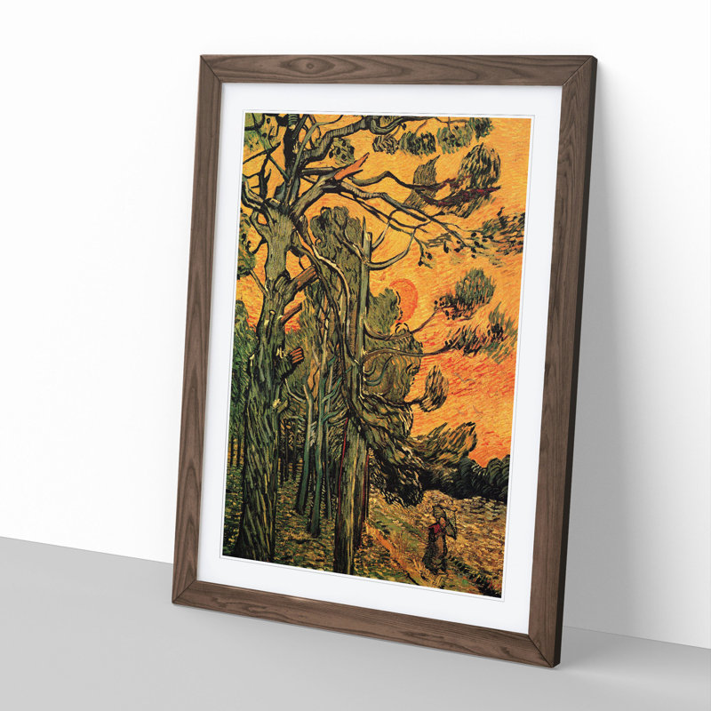 Pine Trees Against a Red Sky by Vincent Van Gogh - Picture Frame Painting, 65cm H x 48cm W x 2cm D, Walnut Framed
