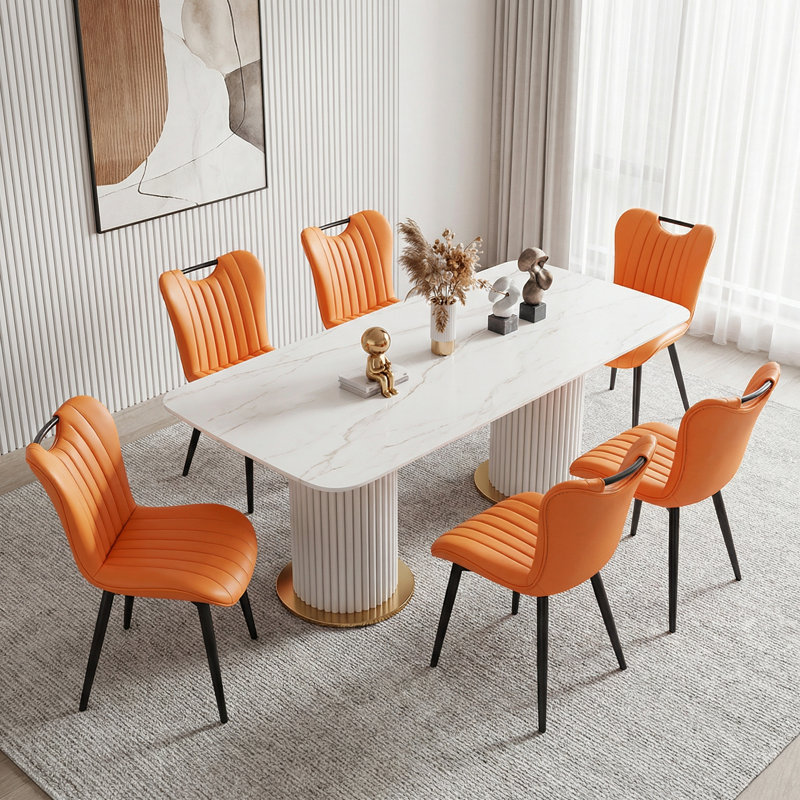 Modern Quilted Upholstered Dining Chairs Wingback Luxury Side Chairs With Metal Legs (Set of 6), Orange