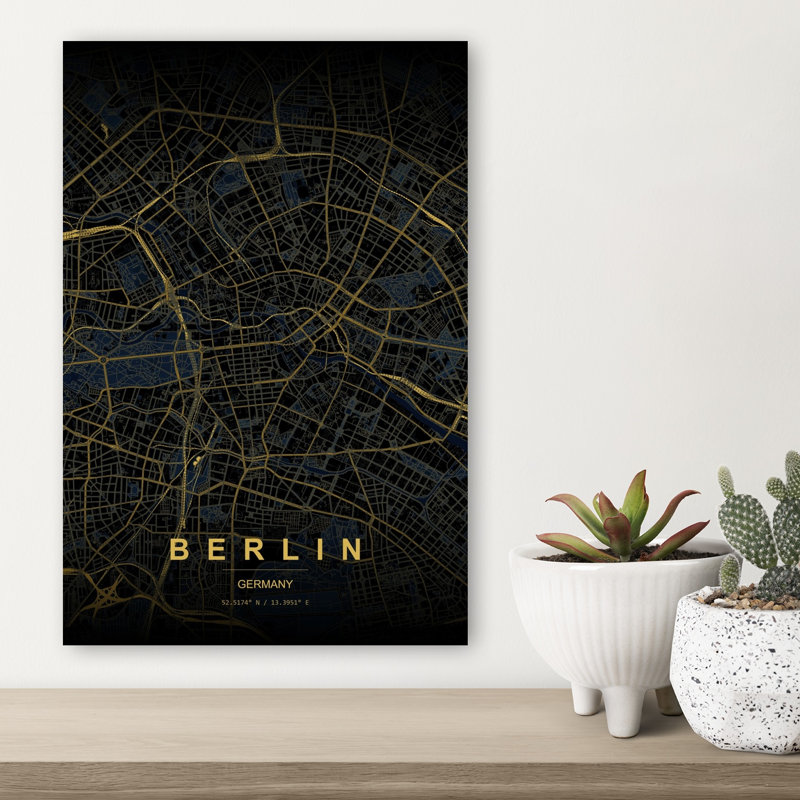 Golden Berlin Map Abstract Elegant Geometric Architecture City Wall Art Print 1 Piece Wrapped Canvas Wall Art