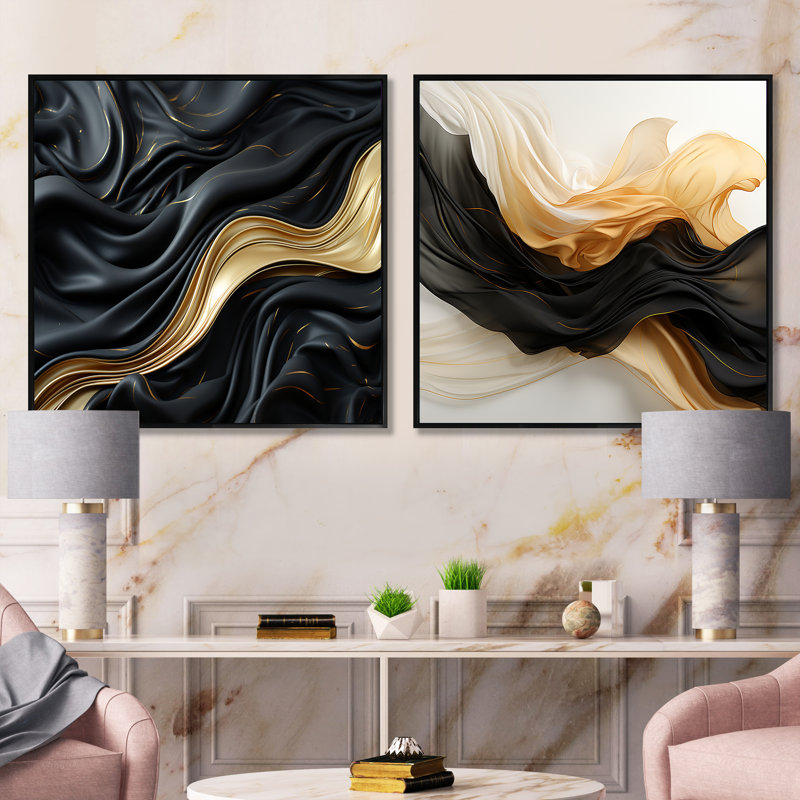 Gold and Black Soft Wave Fusion - Ensemble de 2 collages de formes abstraites carrées, Cadre flottant noir, H 30 po x l 61 po