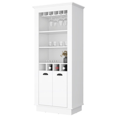 Armoire de bar blanche avec 4 casiers à vin intégrés et compartiment intérieur élégant avec beaucoup de rangement