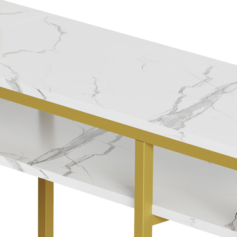  Bureau clouté en L avec structure en métal et tiroir de rangement, Blanc / Doré