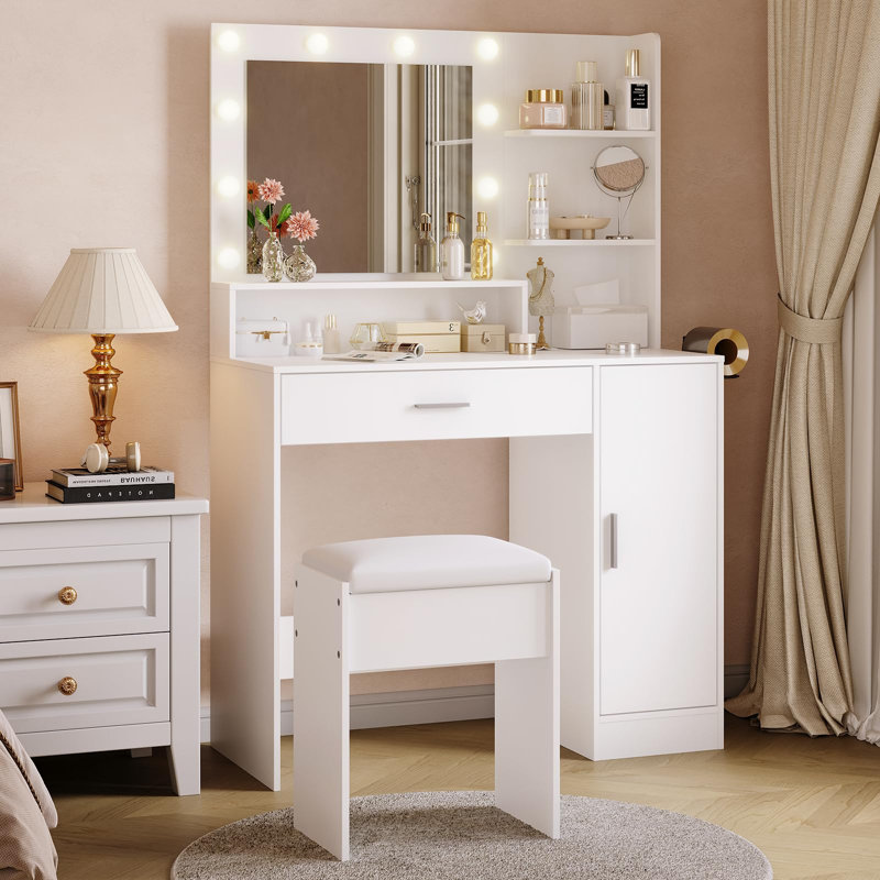  Modern Vanity Desk with Mirror & LED Lights – Power Outlet, Hairdryer Rack, Large Drawers, Storage Shelves, Cushioned Stool – Compact Makeup Dressing Table Set for Home Office, White