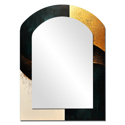 Beyond The Angles Golden Emerald Forms I - Geometric Arch Unique Wall Mirror, Modern Asymmetrical Mirror, Printed Metal Art