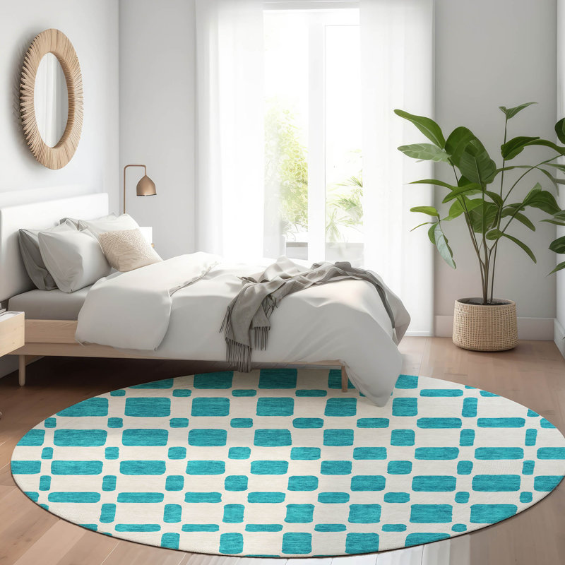 Premium Machine Washable Prisco Teal Rug, Round 8'