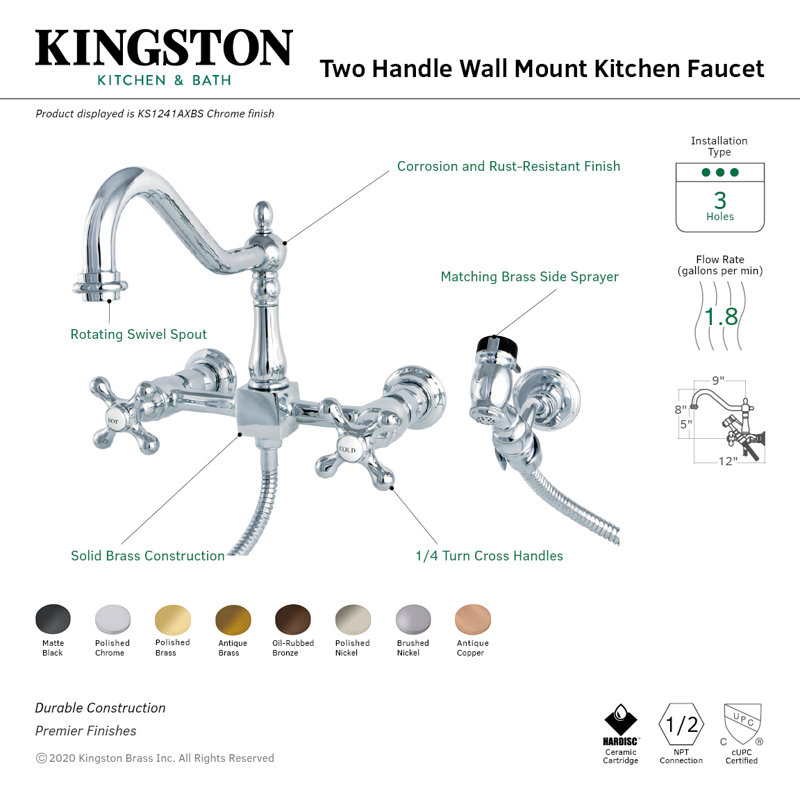Polished Chrome Wall Mount Kitchen Faucet with Brass Sprayer