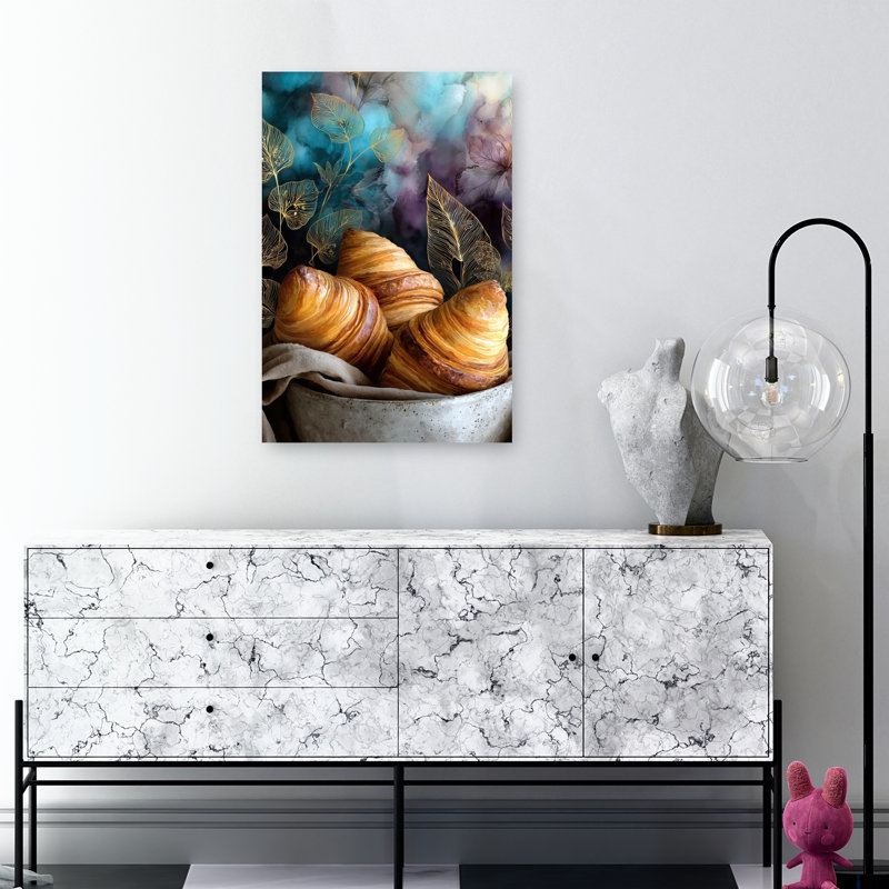 «Warm Croissants», feuilles dorées abstraites, paysage délicat, nature, art mural, H 36 po x l 24 po