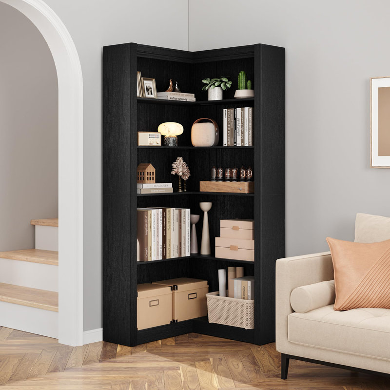 71.8'' Farmhouse Corner Bookcase, 5 - Tier Tall Bookcase, L-Shaped Corner Shelf, Black