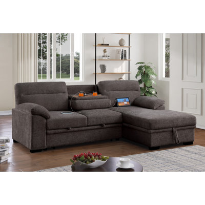 Kipriano II 94"W Brown Chenille Fabric Sleeper Sectional Sofa with Right-Facing Storage Chaise – L-Shaped Pull-Out Bed, Drop-Down Console with USB Ports, and Pocket Coil Seating