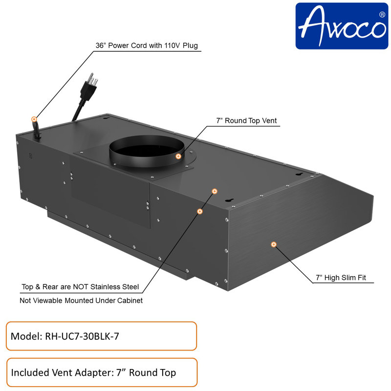 Awoco 30" Stainless Steel 900 CFM Ducted (Vented) Under Cabinet Range Hood with Baffle Filter