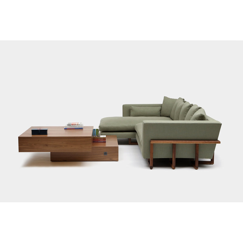 LRG Chaise Sectional, Solid Walnut, No Trays, Moss Linen Blend