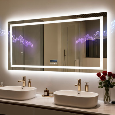 Led Bathroom Mirror With Lights, Wall-mounted With Bluetooth Speaker, Time & Date Display Anti-fog, 3 Color Temperature, Dimmable Brightness, Ip65 Waterproof, Tempered Glass, Frontlit & Backlit