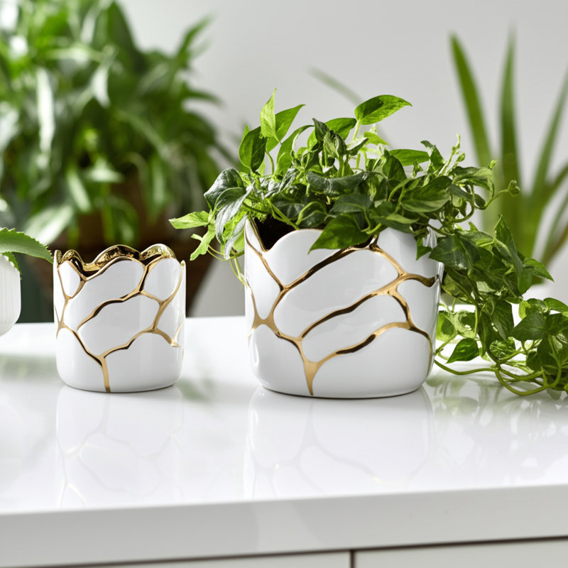 Ceramic Planters With Wavy Rim And Embossed Metallic Detailing For A Modern Aesthetic, Set Of 2, White
